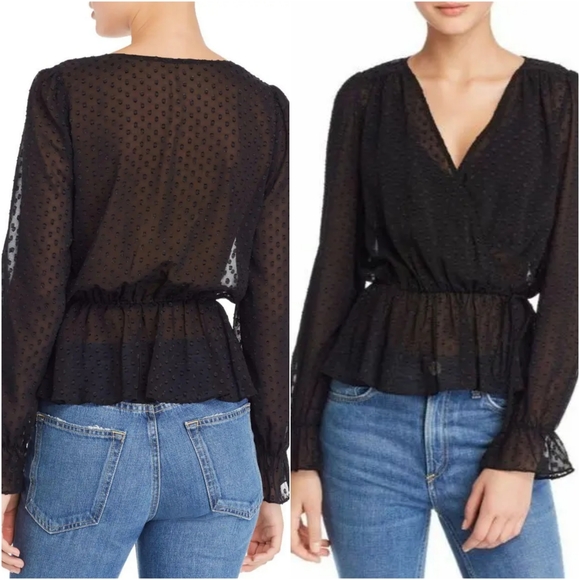 AQUA Swiss Clip Dot Semi-Sheer Bell Sleeve Faux Wrap Peplum Top White - Picture 2 of 8